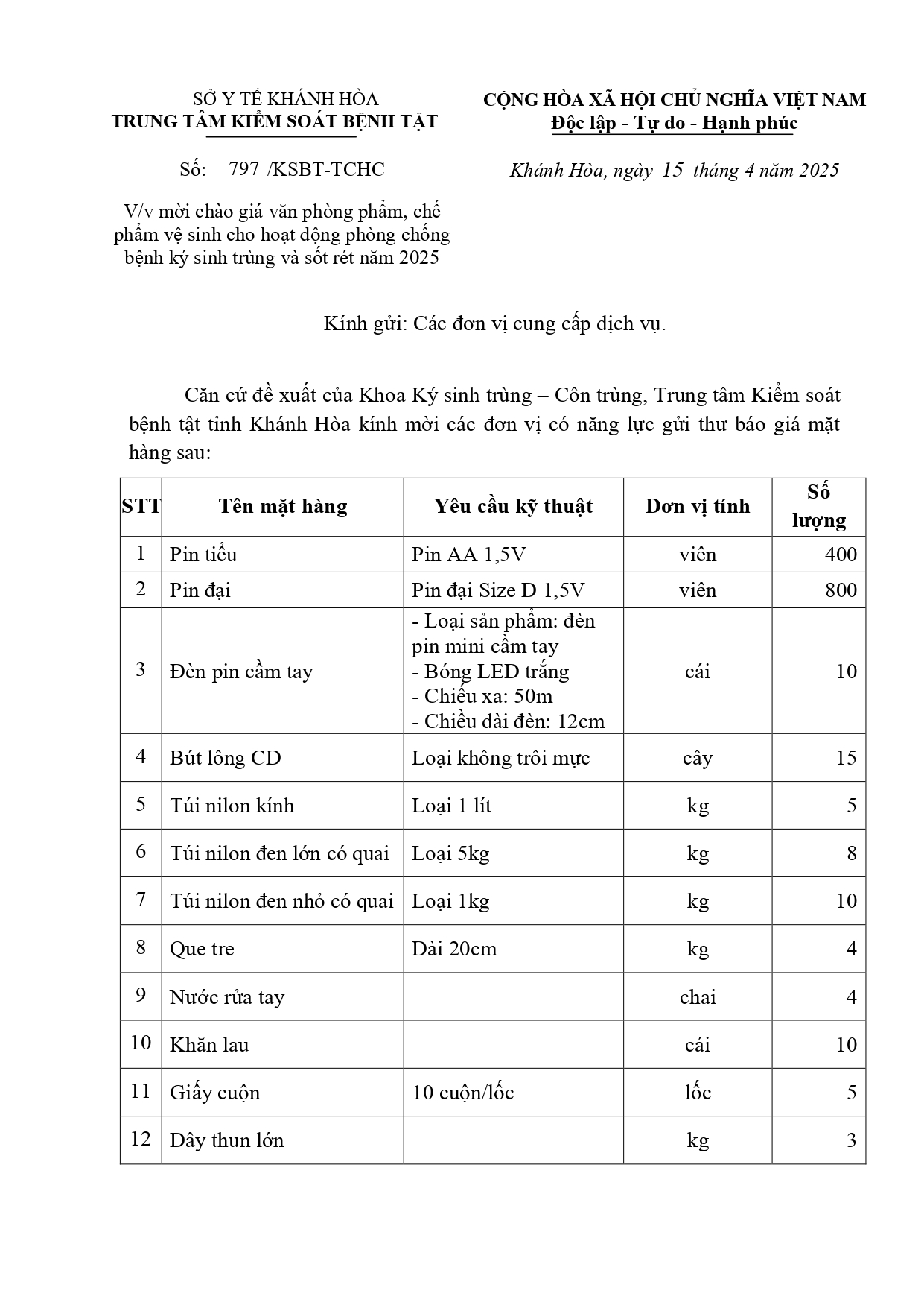 V/v mời chào giá văn phòng phẩm, chế  phẩm vệ sinh cho hoạt động phòng chống  bệnh ký sinh trùng và sốt rét năm 2025 
